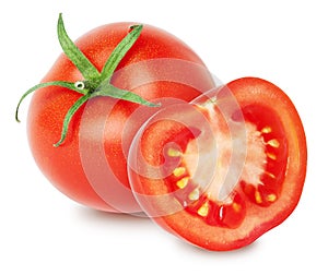 Isolated Tomatoes. Whole fresh Tomato with half isolated on white, with clipping path.