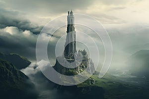 Isolated tower reaching into the misty and photo