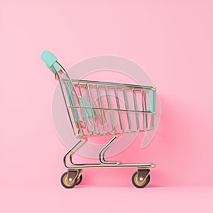 Isolated toy grocery cart on pastel pink background, copy space
