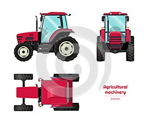 Isolated tractor. Side, front, top view of agriculture machinery. Farming vehicle in cartoon style. Industry blueprint