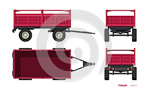 Isolated tractor trailer. Side, front, back and top view of agriculture machinery. Industrial 3d blueprint