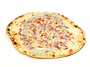 Isolated Traditional Tarte Flambee with Creme Fraiche, Onion and Bacon