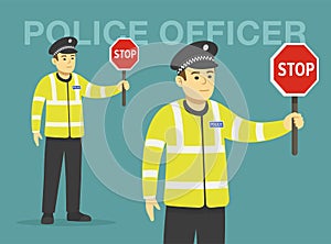 Isolated traffic police officer holding a stop sign. Perspective front view.