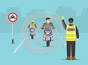 Isolated traffic police officer makes a stop gesture with his hand and pulls over motorcycle riders. No motorcycle sign area.