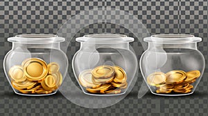 Isolated on transparent background, this 3d clear acrylic jar features a gold coin and white blank label for a pension
