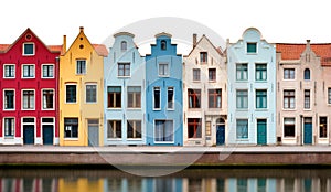 isolated transparent background PNG. row of colorful houses in the bruges canals. historic architecture, medieval buildings