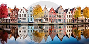 isolated transparent background PNG. row of colorful houses in the bruges canals. merchant houses, warehouses