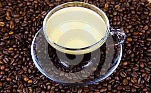 Isolated transparent coffee cup on glass saucer with cafe crema on countless roasted beans background