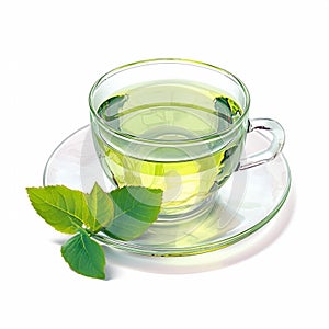 Isolated transparent cup of green tea on white background