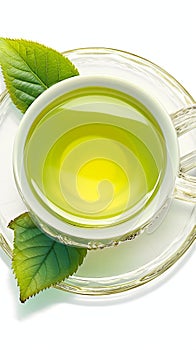 Isolated transparent cup of green tea on white background