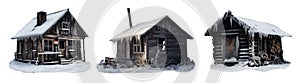 set of old wood cabins in the winter snow. snow covered roof. isolated transparent PNG. Rustic Cabin, Mountain Cabin