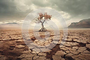 An isolated tree flourishes in the parched earth, embodying the notion of global warming and the transformative effects on the