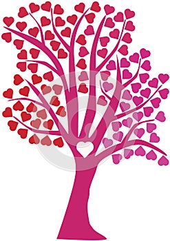 Isolated tree on white background with lots of pink and red hearts