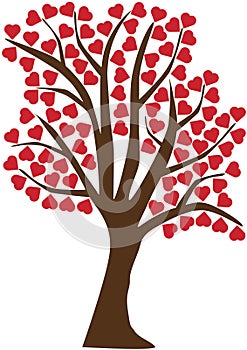 Isolated tree on white background with lots of red hearts shapes