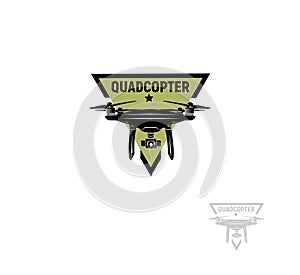 Isolated triangular shape green color quadrocopter logo on white background, unmanned aerial vehicle logotype, rc drone