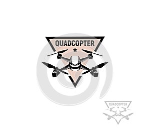 Isolated triangular shape pink color quadrocopter logo on white background, unmanned aerial vehicle logotype, rc drone