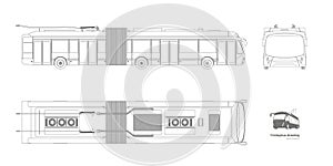 Isolated trolleybus drawing. Outline urban transport blueprint. Side, front view of electricity vehicle. Trolley bus