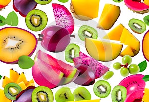 Isolated tropical fruits slices. Fresh exotic fruits cut in half (maracuya, kiwi