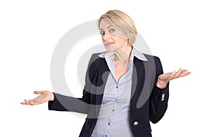 Isolated undecided blond business woman in business outfit on white background.