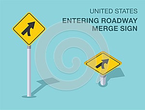 Isolated United States entering roadway merge sign. Front and top view.