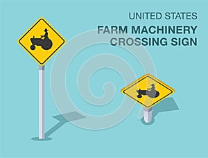 Isolated United States farm machinery crossing sign. Front and top view.