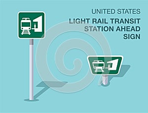 Isolated United States light rail transit station ahead sign. Front and top view.