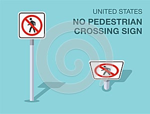 Isolated United States no pedestrian crossing sign. Front and top view.