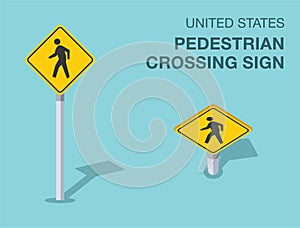 Isolated United States pedestrian crossing sign. Front and top view.