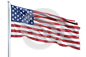 Isolated US flag with stars and stripes waving in wind on pole against white background. AI Generated
