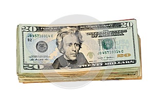 Isolated US twenty dollar bill stack