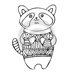 Isolated vector black and white lined illustration of racoon in sweater