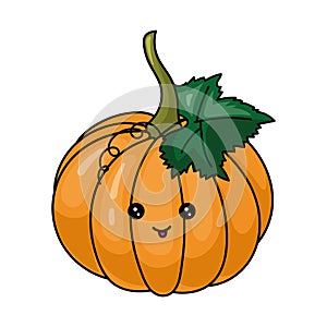 Isolated vector cartoon orange pumpkin with kawaii face on white background. Colorful friendly pumpkin vegetable. Cute funny