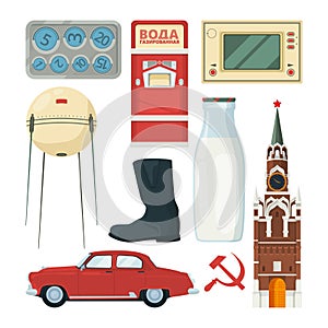 Isolated vector collection of historical landmarks and symbols of USSR with carbonated water text