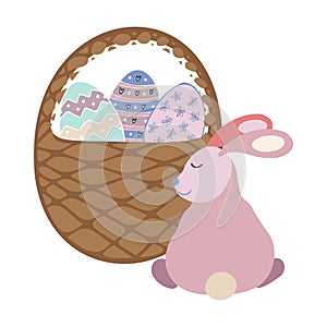 Isolated vector colorful illustration of cute bunny with basket with easter eggs
