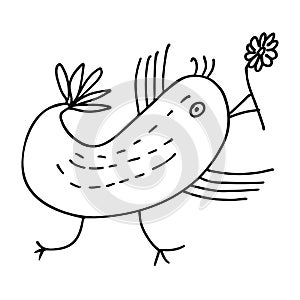 Isolated vector doodle bird with flower. Unproportional linear handdrawn bird, kids simple style