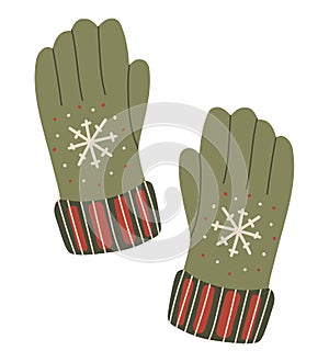 Isolated vector element. Cozy gloves. Warm gloves. lothing store. Color image on a white background. The print is used for
