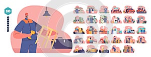 Isolated Vector Elements With Cartoon Workers Characters In Different Professions, Farming, Car Washing, Coal Mining