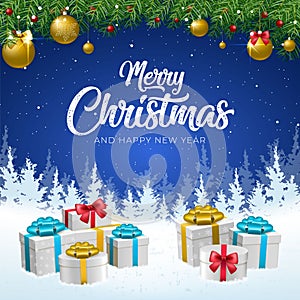 3D High Quality Origami Merry Christmas and Happy New Year Background with Falling Snow . Isolated Vector Elements