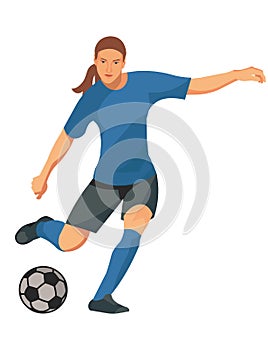 Isolated vector figure of a women's football player in a blue t-shirt going to kick the ball with her foot