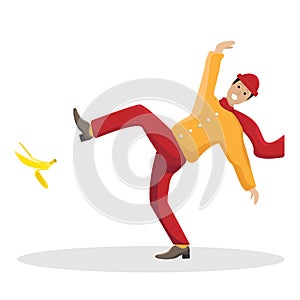 Isolated vector flat illustration with a slipped man on a banana