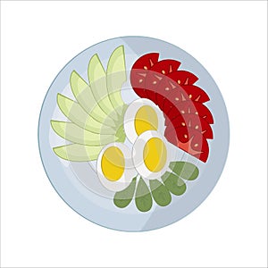 Isolated vector food images. Vegetable slices on a white plate. Peeled avocado, egg halves, red tomatoes.