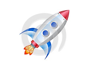 Isolated gradient silver flying rocket icon into space