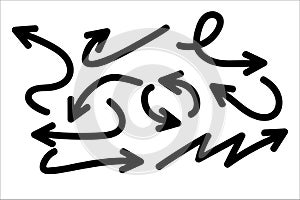 Isolated vector hand drawn arrows set on a white background. Doodle Vector Arrow Set.