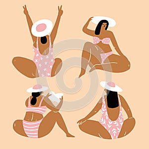 Isolated vector hand-drawn women in bikinis and panama hats. They read books, sunbathe and relax on the beach.