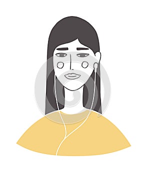 Isolated vector illustration of beautiful woman in earphones listening music, podcast or audio book