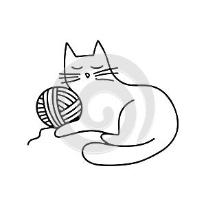 Isolated vector illustration card of cartoon lined black cat sleeping on ball of threads