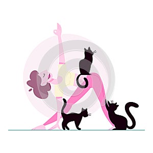 Isolated vector illustration of cat lover doing her daily routine