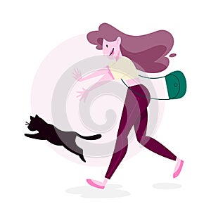 Isolated vector illustration of cat lover doing her daily routine