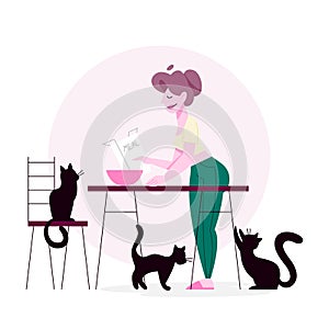 Isolated vector illustration of cat lover doing her daily routine