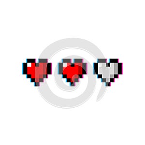 Pixel art 8-bit life three hearts red glitch set - isolated vector illustration